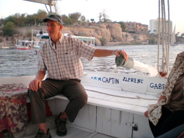 Jake tries his hand on the felucca rudder at Aswan